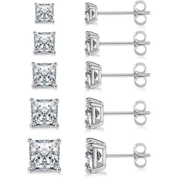 Cubic zirconia stud earrings set 5 pairs square cut gold hypoallergenic - Picture 1 of 7